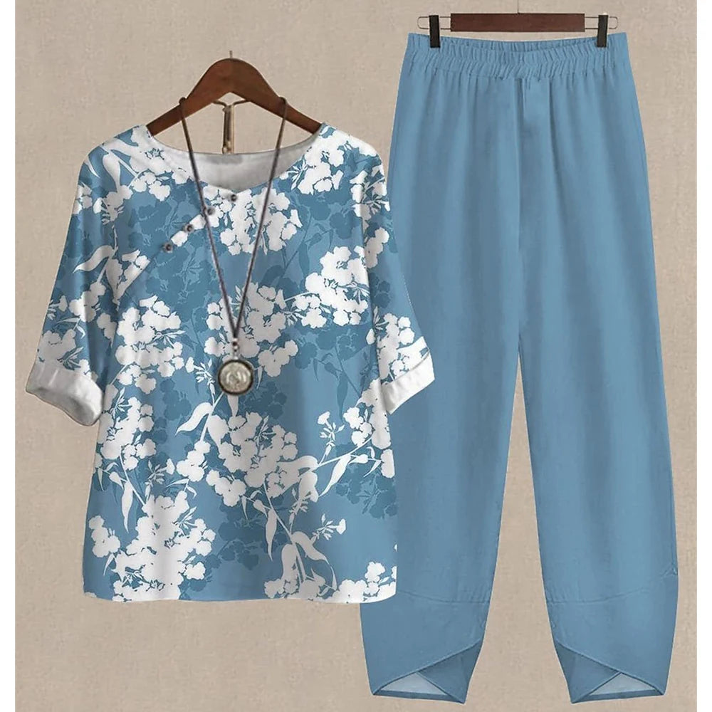 New Women O Neck Short Sleeve Suit Flower Print Elegant Two Piece Sets Female Outfits High Waist Loose Pants Ladies Tops Summer