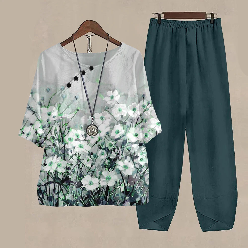 New Women O Neck Short Sleeve Suit Flower Print Elegant Two Piece Sets Female Outfits High Waist Loose Pants Ladies Tops Summer