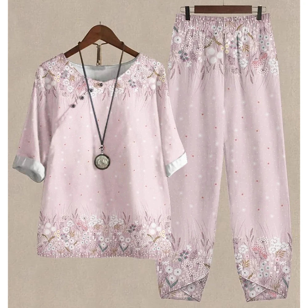 New Women O Neck Short Sleeve Suit Flower Print Elegant Two Piece Sets Female Outfits High Waist Loose Pants Ladies Tops Summer