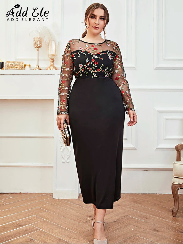 Add Elegant Plus Size Rear Slit Dress for Women Embroidery Patchwork O Neck Long Sleeve Female Clothing Slim Party Dresses B786