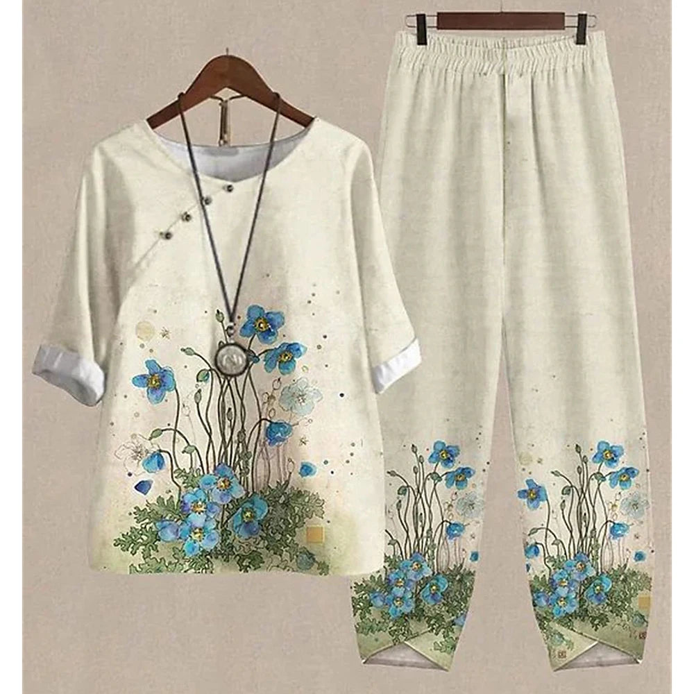 New Women O Neck Short Sleeve Suit Flower Print Elegant Two Piece Sets Female Outfits High Waist Loose Pants Ladies Tops Summer