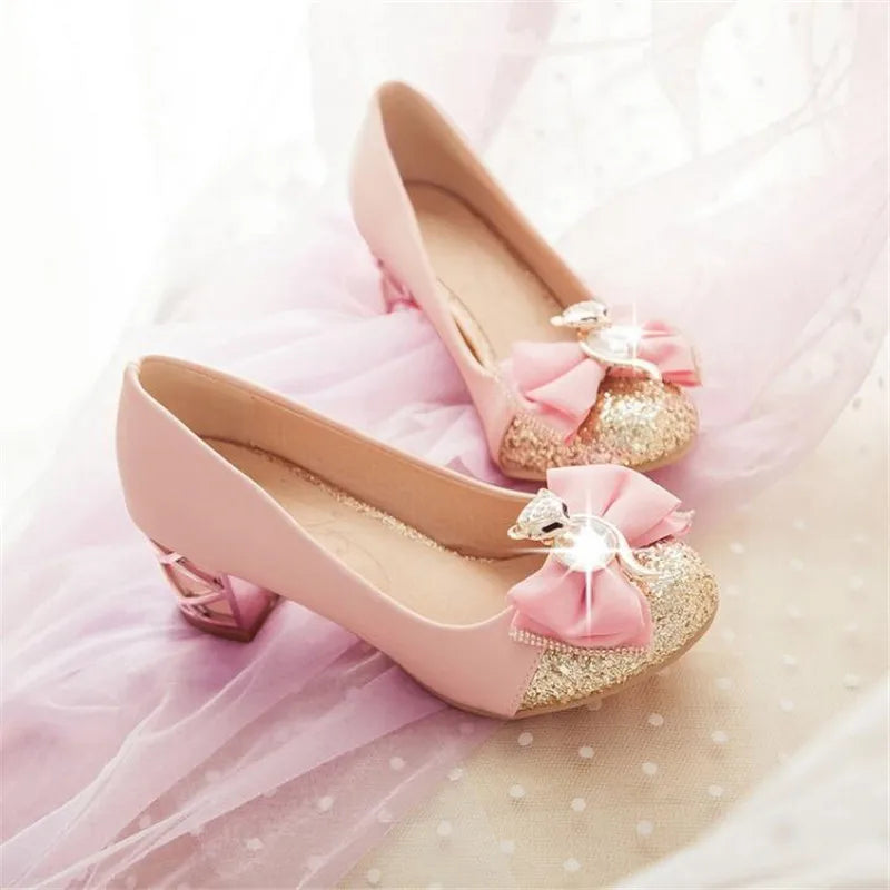 Leather Heel Shoes Girls Children Bowknot Wedding Shoe Princess Black Kids Chunky Heel Shoes 5CM