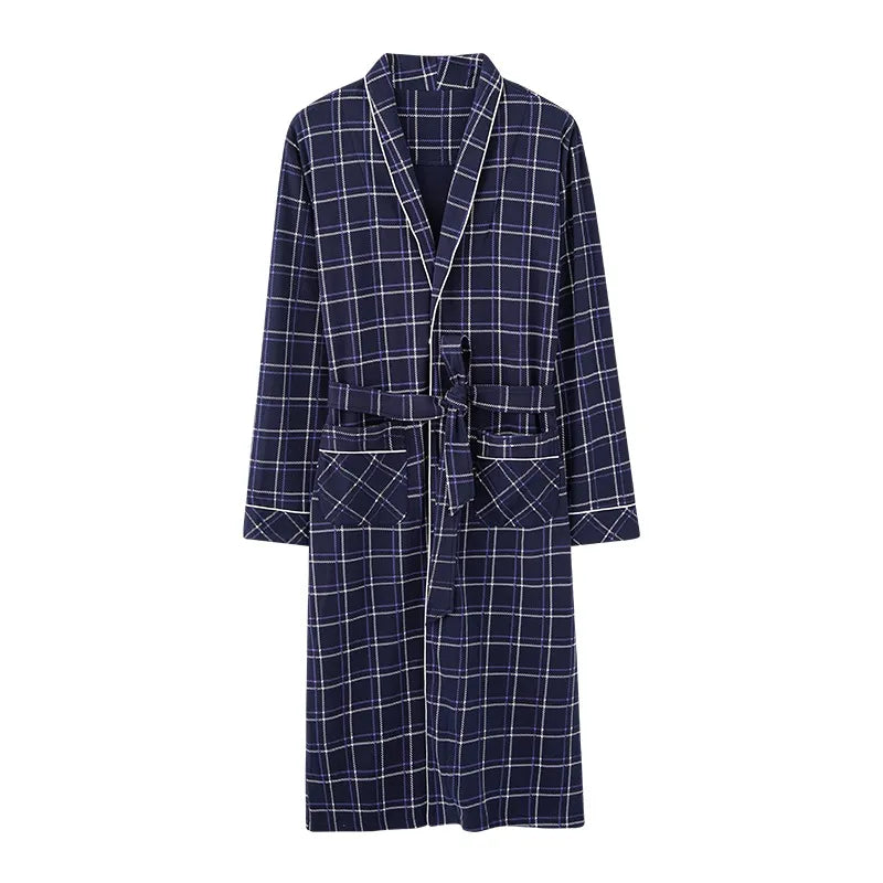 Spring Autumn Plaid Bathrobe Men Sleep Top Kimono Robes For Male Full Pure Cotton Long Bath Robe Bride Robe Dressing Gown M-4XL