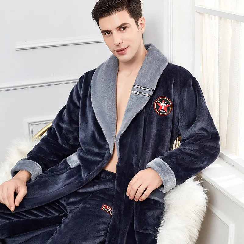 Autumn Winter Warm Male Sleepwear Big Size Flannel Men Robe Nightwear Thick Long Bathrobe Nightgown Loungewear Casual Home Wear