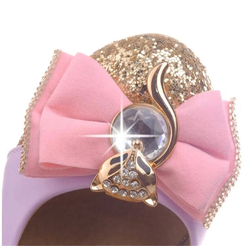 Leather Heel Shoes Girls Children Bowknot Wedding Shoe Princess Black Kids Chunky Heel Shoes 5CM