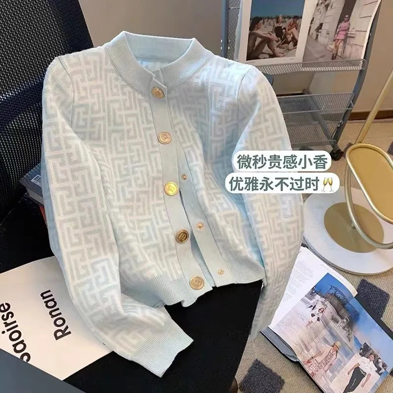 Fashion Jacquard Knitted Women Cardigan Sweater 2022 Autumn Streetwear Korean Vintage Ladies Chic Jumper Tops Long Sleeve O-neck