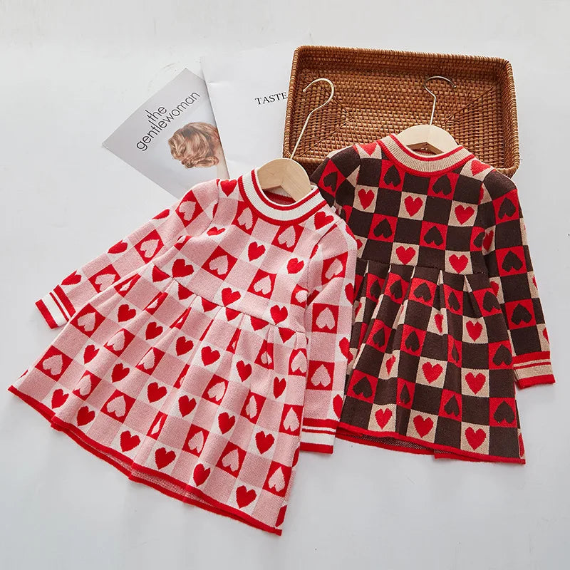 Girls Dress Autumn New Fashionable Heart-shaped Print Skirt Baby Girl Autumn Princess Sweater Dress vestido niña dress