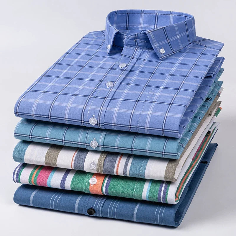 2024 New Long-sleeve Shirts Men Slim Fit Formal Plain Shirt Striped Plaid Slingle Pocket TopsItems Clothes