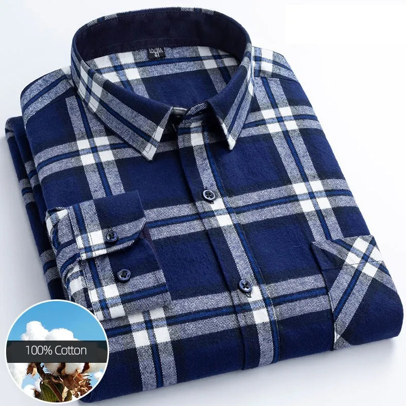 2022 Slim Camisas Shirt Male Pocket Button Social Clothing 100% Cotton Mens Plaid Shirts For Man Long Sleeve Casual Korean