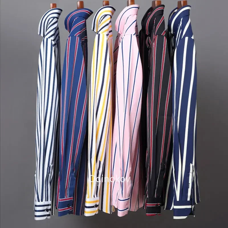 Men's Smooth Non-iron Stretch Soft Casual Striped Shirts Without Pocket Long Sleeve Standard Fit Youthful Button Down Shirt