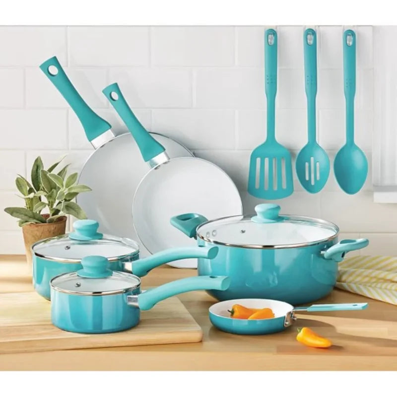 Ceramic Nonstick 12 Piece Cookware Set, Teal Ombre, Hand Wash Only Pots and Pans