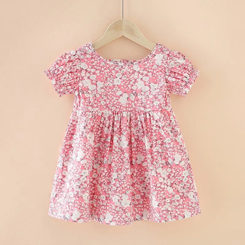 Spring Summer Korean Girls' Clothing Flower Print Cotton Kids Girls A-line Princess Dress Children's Short Sleeve Beach Dress