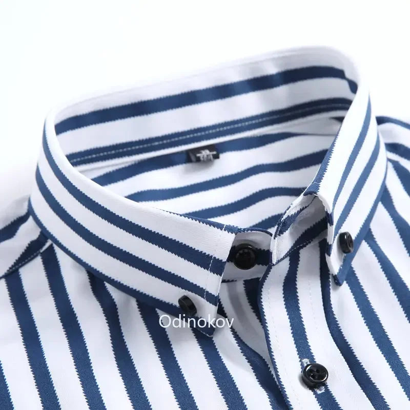 Men's Smooth Non-iron Stretch Soft Casual Striped Shirts Without Pocket Long Sleeve Standard Fit Youthful Button Down Shirt