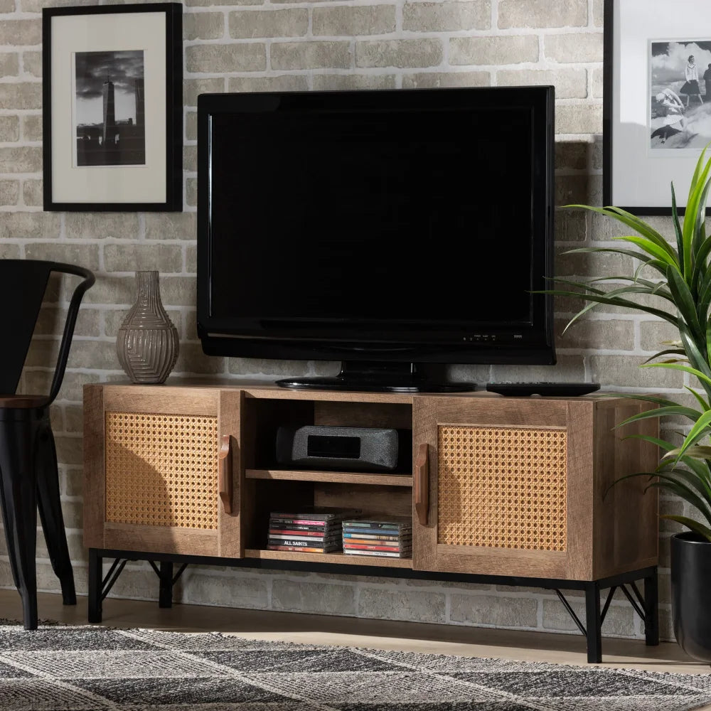 TV Stand Living Room Furniture,Understated Luxury with Lockers ,Brown Finished Wood and Black Metal , Furniture
