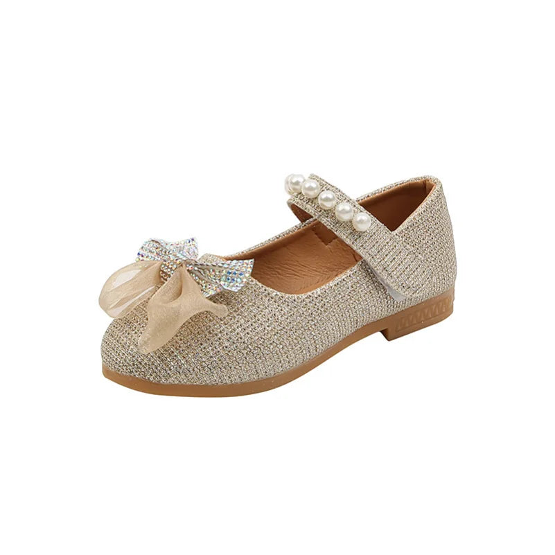 2023 Spring Girls Leather Shoes Princess Cute Bow Pearl Baby Girl Shoes Soft Bottom Kids Sneakers Toddler Shoes