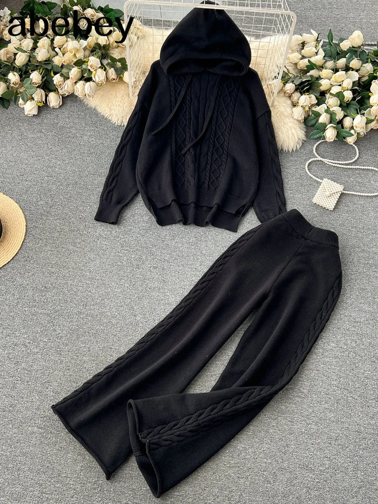 Two Piece With Hat Autumn Women Sweater Tracksuit Fashion loose Sweater+Pant Female Knit Warm Set Wide Leg Pants Suits Trousers