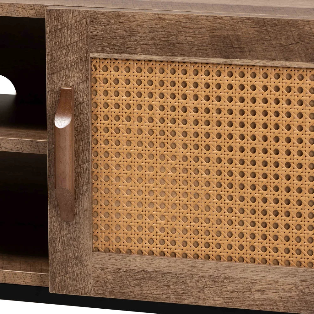 TV Stand Living Room Furniture,Understated Luxury with Lockers ,Brown Finished Wood and Black Metal , Furniture