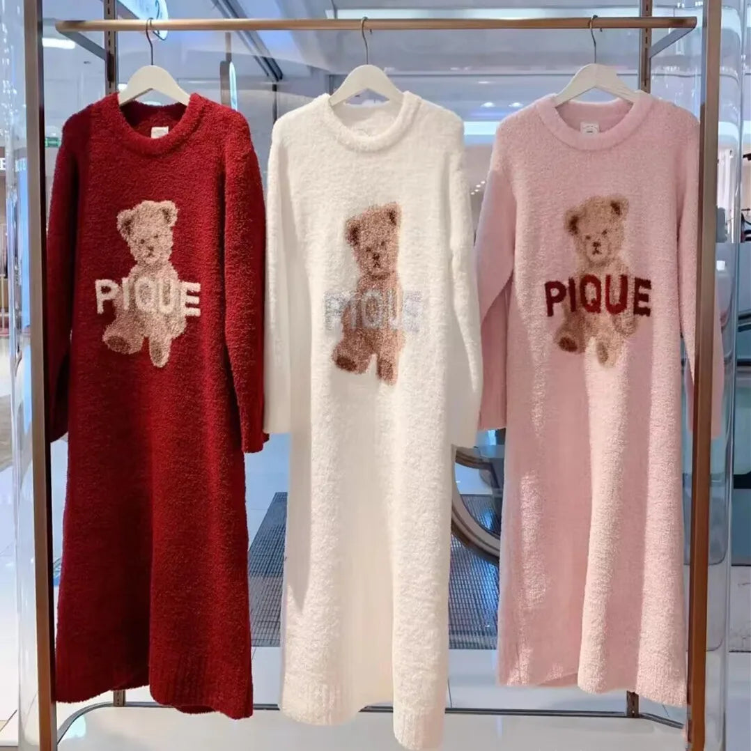 Ladies Pajamas Room Wear Winter Setup Pajamas Fluffy One Piece Ladies Pajamas Dress Long Sleeves Room Wear Dress