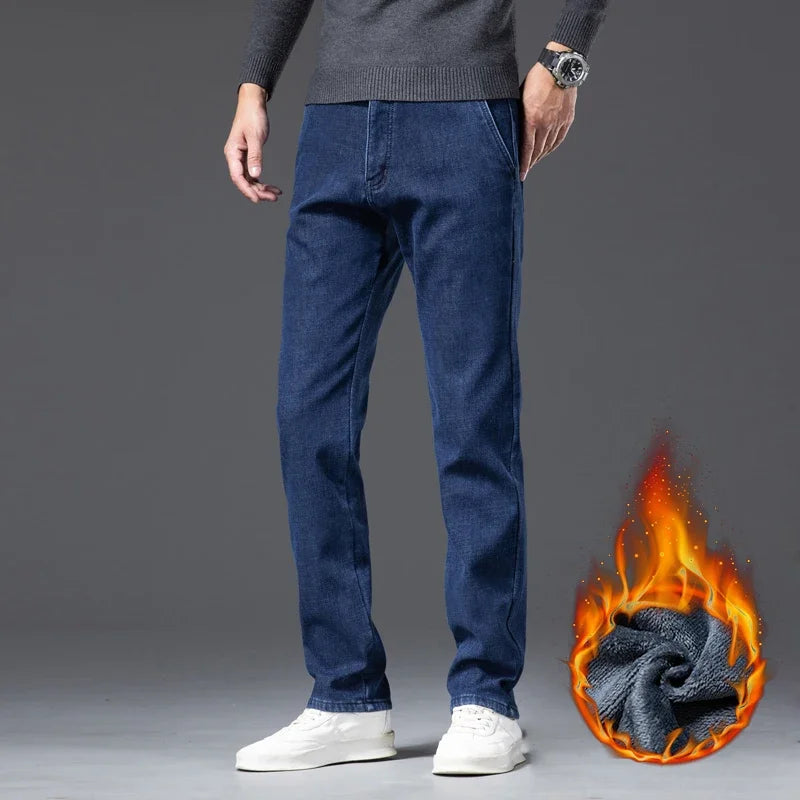2024 Men Winter Warm3 Color Straight Thcik Fleece Jeans Fashion Casual Baggy Classic Style Solid Denim Trousers Male Clothing