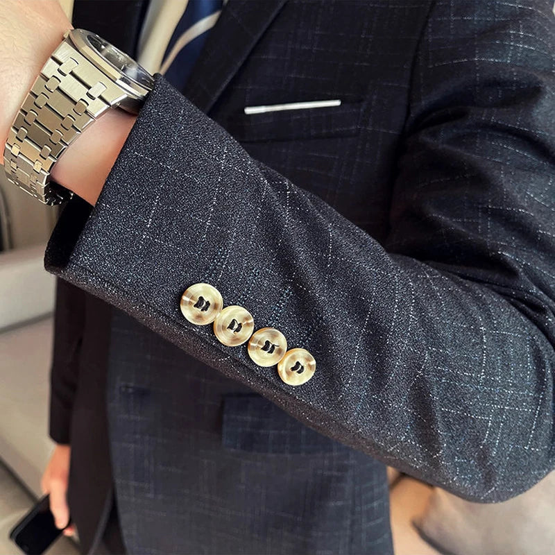 Jacket Vest Pants High End Brand Casual Business Formal Office Plaid Men's Suit Groom Wedding Dress Party Suit Blazer Trousers