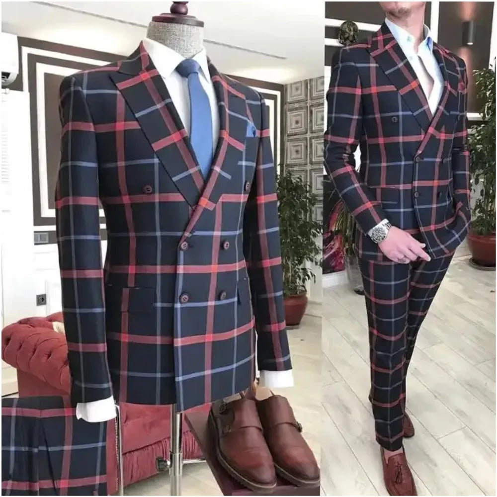 New In Plaid Men's Suit Red Blue Line Slim Fit Jacket Pants Double Breasted Blazer Trouser Wedding Clothing Party Wear Outfit