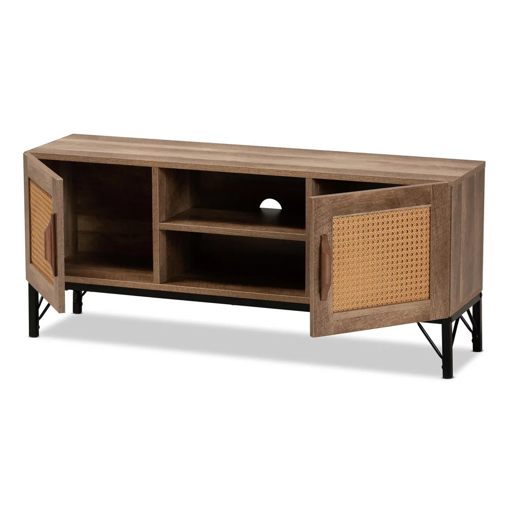TV Stand Living Room Furniture,Understated Luxury with Lockers ,Brown Finished Wood and Black Metal , Furniture