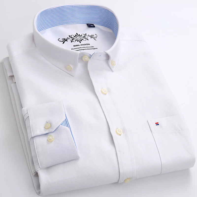 2023 Men's Fashion Long Sleeve Solid Oxford Shirt Single Patch Pocket Casual Standard Fit Button-down Collar Shirts