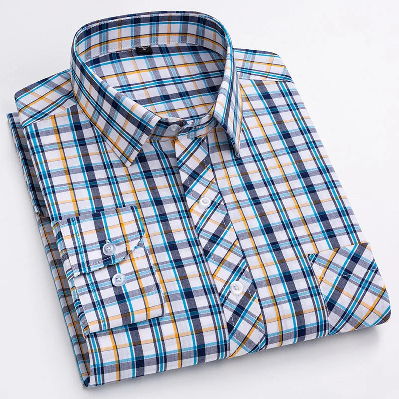 Spring Summer 100% Pure Cotton Man' Shirt Long Sleeve Plaid Cool Checkered Shirts Men Business Casual with Pocket Leisure