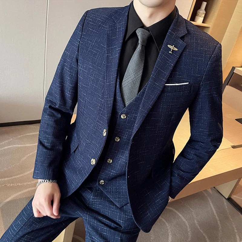 Jacket Vest Pants High End Brand Casual Business Formal Office Plaid Men's Suit Groom Wedding Dress Party Suit Blazer Trousers