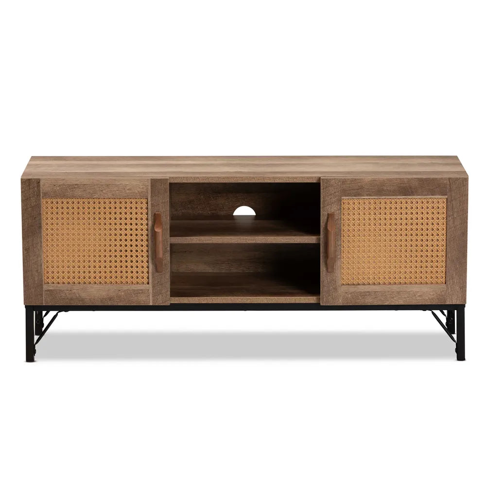 TV Stand Living Room Furniture,Understated Luxury with Lockers ,Brown Finished Wood and Black Metal , Furniture