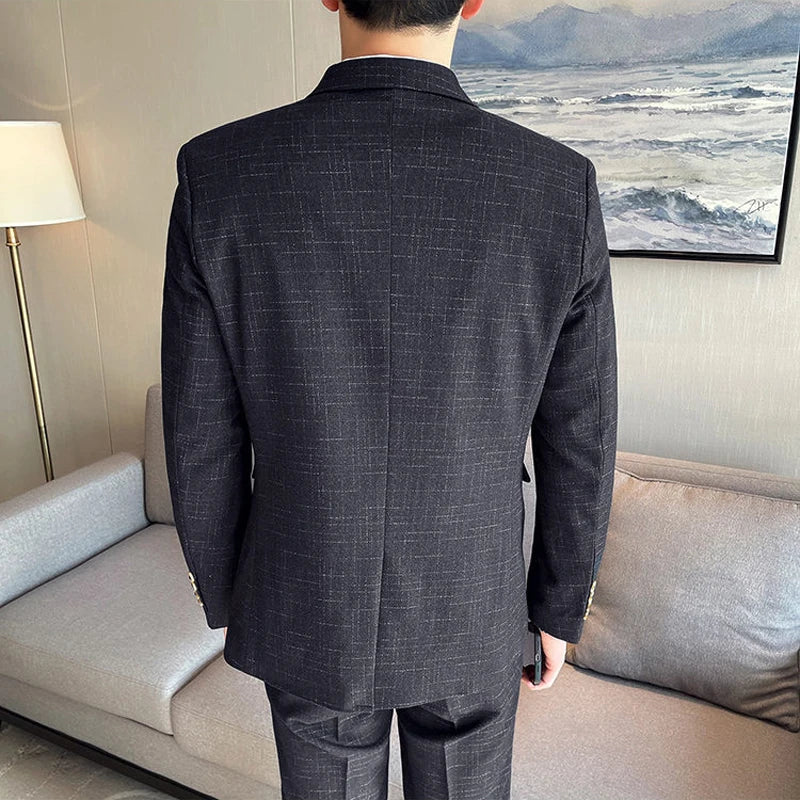 Jacket Vest Pants High End Brand Casual Business Formal Office Plaid Men's Suit Groom Wedding Dress Party Suit Blazer Trousers