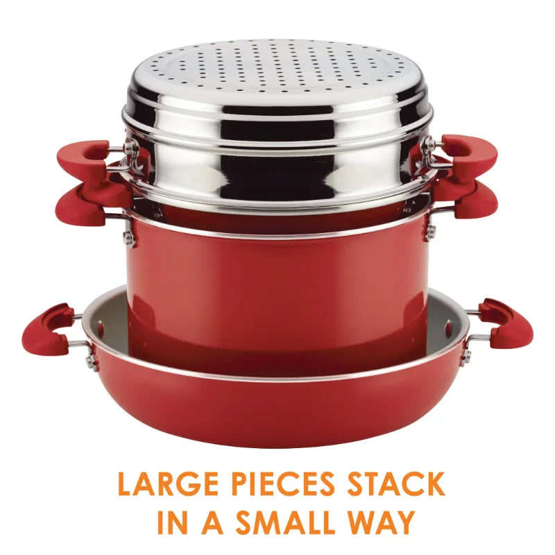 Rachael Ray 8-Piece Get Cooking! Stackable Nonstick Cookware Set, Red stainless steel cookware set cooking pot