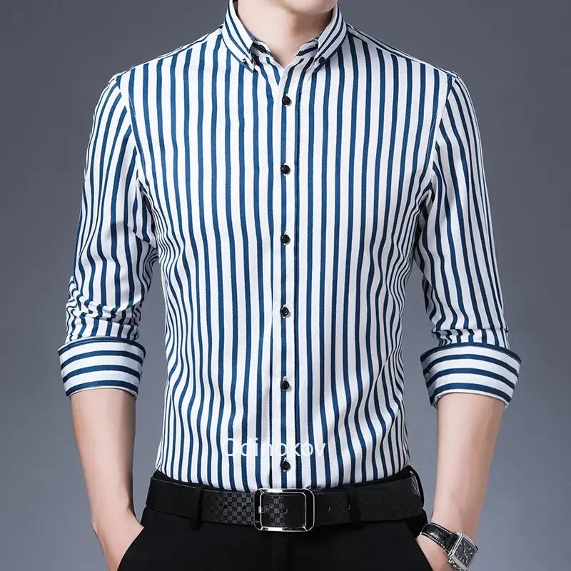 Men's Smooth Non-iron Stretch Soft Casual Striped Shirts Without Pocket Long Sleeve Standard Fit Youthful Button Down Shirt