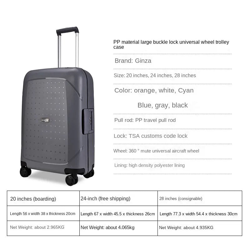 20"24"28" Inch Trolley Case 100% PP Anti-scraping Rolling Luggage Spinner UltraLight Travel Suitcase Hardside Luggage