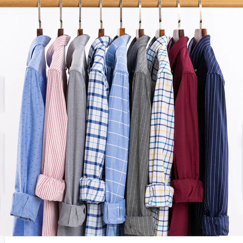 100% Pure Cotton Oxford Shirts for Men Long Sleeve Plaid Shirt Striped Male Shirt BusinessTartan Red Shirt Men Designer Shirts