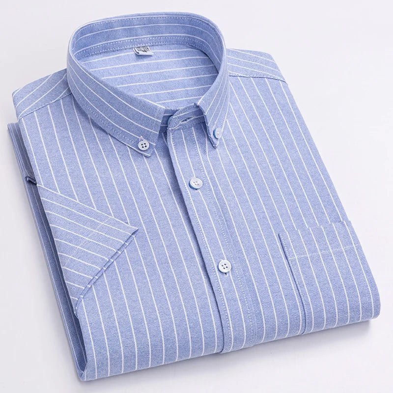 Men's Summer Shirts 100% Cotton Oxford Vertical Stripes Short Sleeve Standard-fit Loose Plaid Solid Soft Cotton Business Office