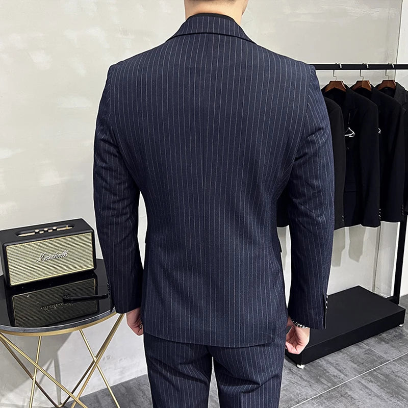 M-7XL Blazer Vest Pants Boutique Fashion Autumn & Winter Men's Casual Business Striped Suit Groom Wedding Dress Party Suits