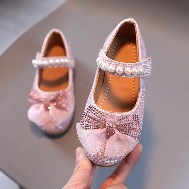 2023 Spring Girls Leather Shoes Princess Cute Bow Pearl Baby Girl Shoes Soft Bottom Kids Sneakers Toddler Shoes