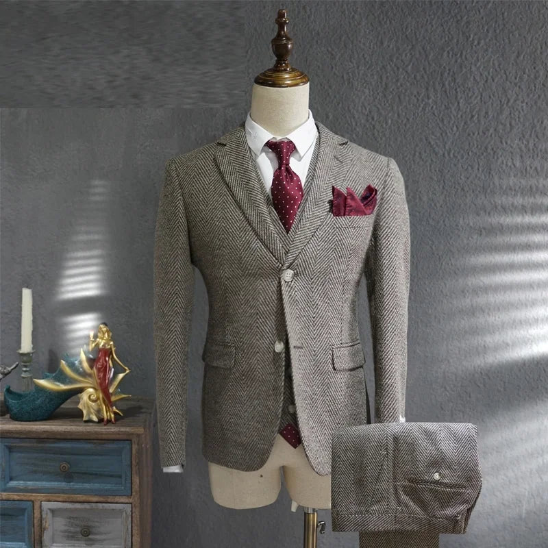 Casual Suit Men Suit Gray Business Formal Dress Suit Mens British Style Groom Wedding Suits Tuxedo 3-piece Traje Novio Pink