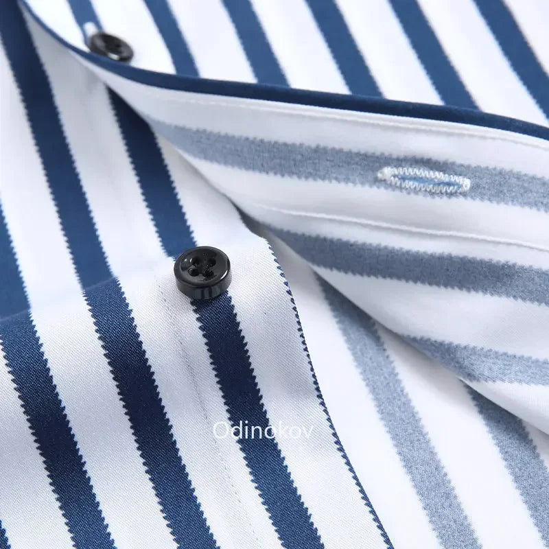 Men's Smooth Non-iron Stretch Soft Casual Striped Shirts Without Pocket Long Sleeve Standard Fit Youthful Button Down Shirt