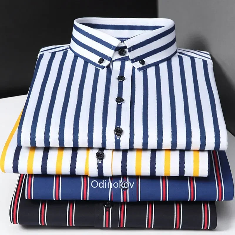 Men's Smooth Non-iron Stretch Soft Casual Striped Shirts Without Pocket Long Sleeve Standard Fit Youthful Button Down Shirt