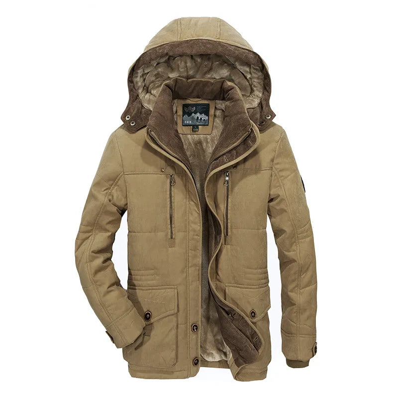 Men's cotton jacket, winter medium length, plush and thick cotton jacket, casual and warm cotton jacket for middle-aged and youn