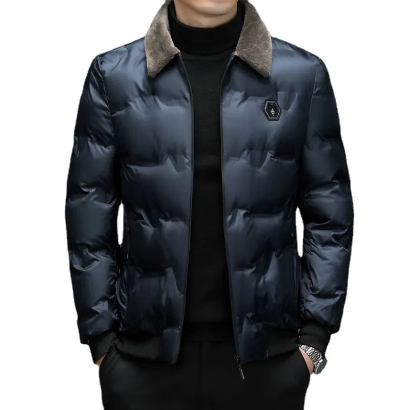 High Quality Jacket Cotton Coat Men's Solid Color Hatless Wool Collar Cotton Parkas Winter Windproof and Warm