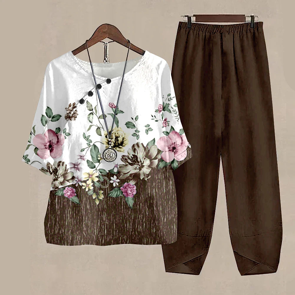 New Women O Neck Short Sleeve Suit Flower Print Elegant Two Piece Sets Female Outfits High Waist Loose Pants Ladies Tops Summer