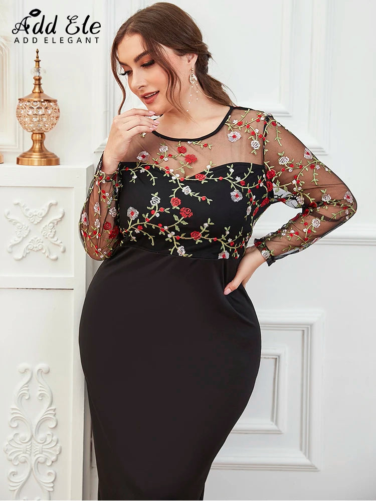 Add Elegant Plus Size Rear Slit Dress for Women Embroidery Patchwork O Neck Long Sleeve Female Clothing Slim Party Dresses B786