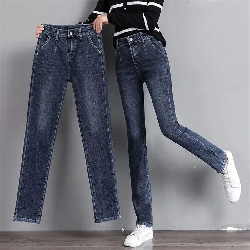 Vintage Stretch Straight Denim Trousers Women Streetwear Spring Autumn High Waist Slim Casual Pants Plus Size Ladies Jeans