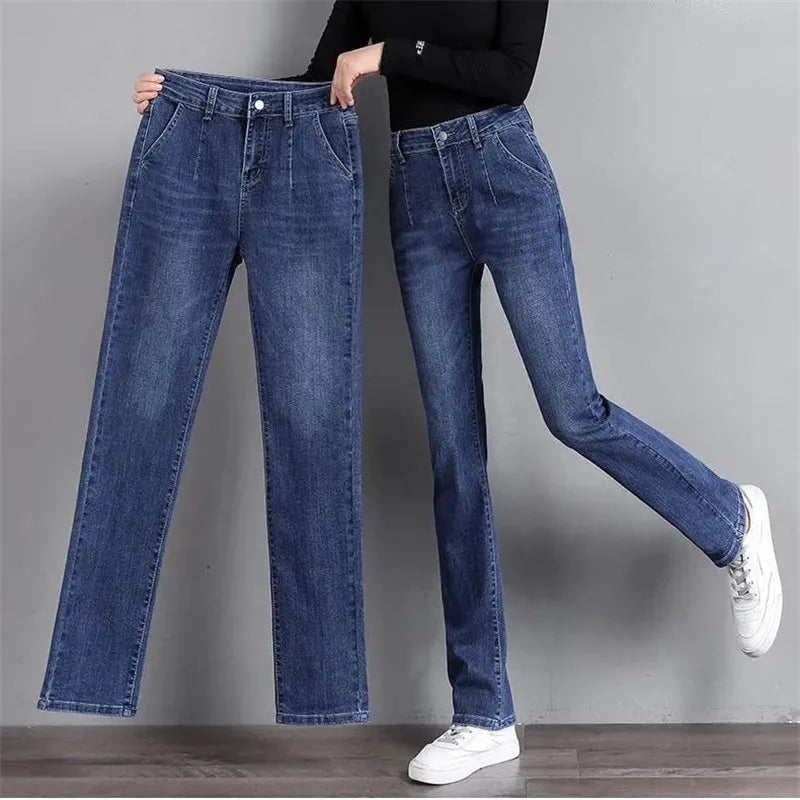 Vintage Stretch Straight Denim Trousers Women Streetwear Spring Autumn High Waist Slim Casual Pants Plus Size Ladies Jeans