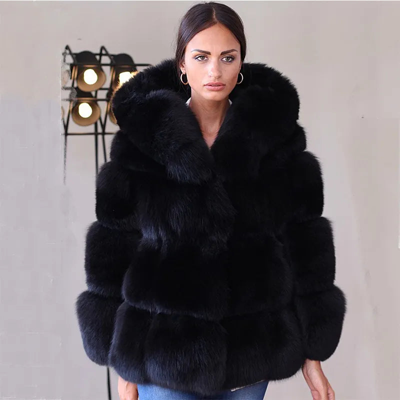 HJQJLJLS 2021 Winter New Women Elegant Black Faux Fox Fur Coat Hooded Female Thick Warm Fluffy Artificial Fur Coat Fur Jacket