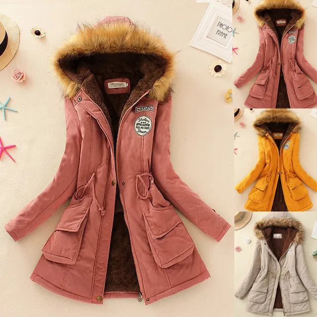 Brand Dark Pink Women's Jacket Overcoat Winter Warm Fur Hooded Coat 15 Solid Colors Thick Parkas Female Outerwear Ladies Tops