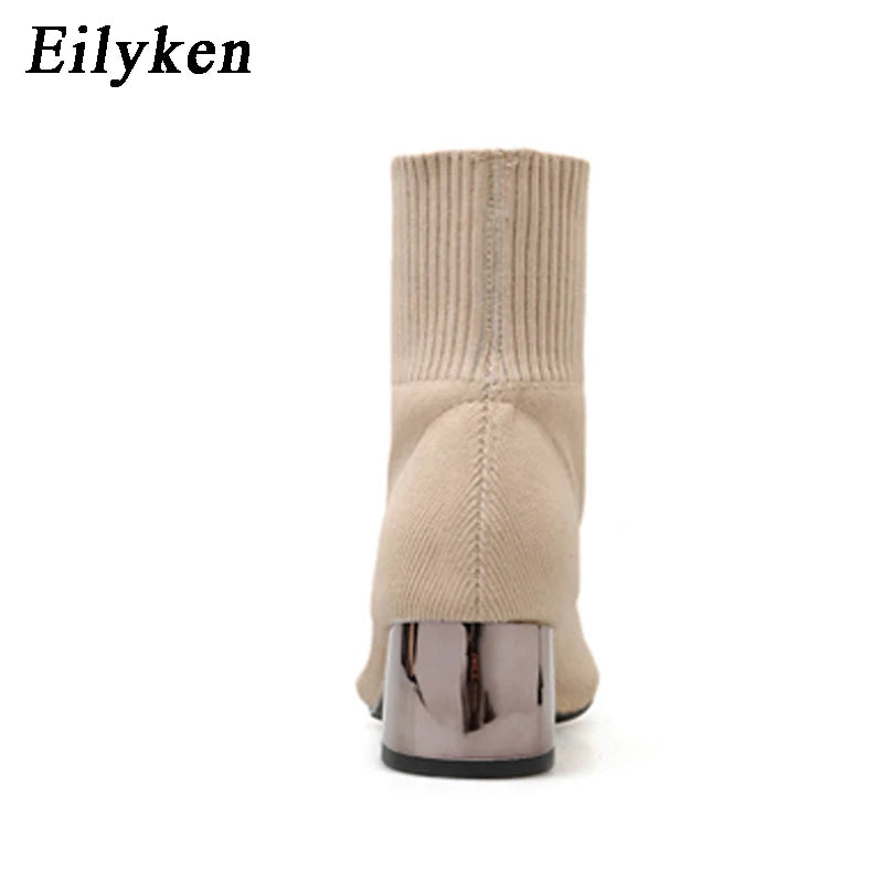 EilyKen 2023 Autumn Winter Knitted Stretch Fabric Socks Women Low Heel Short Boots Gray Pointed Toe Female Ankle Booties